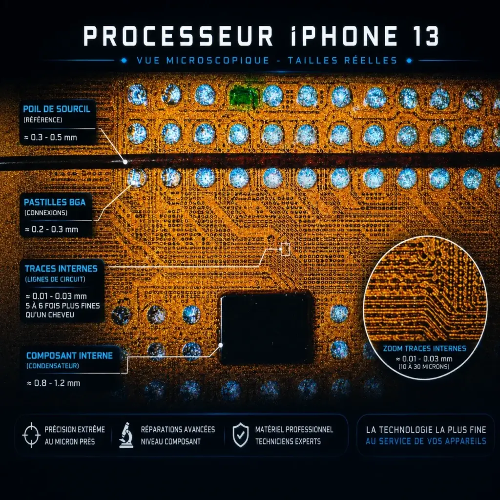 Processeur iPhone 13 sous microscope chez MrTechRepair à Fribourg